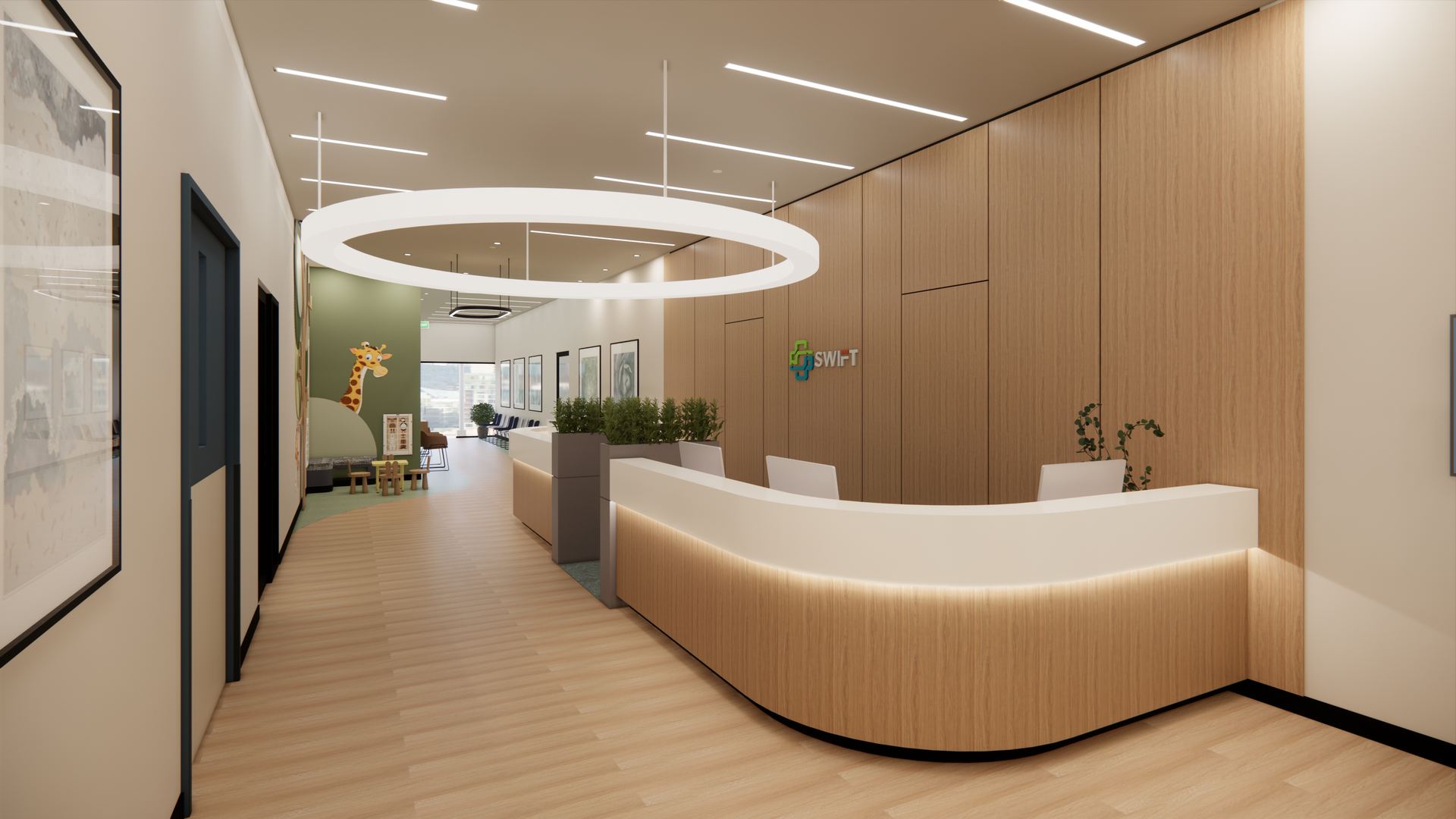 The reception counter with the SWIFT logo, and the corridor leading to the waiting area