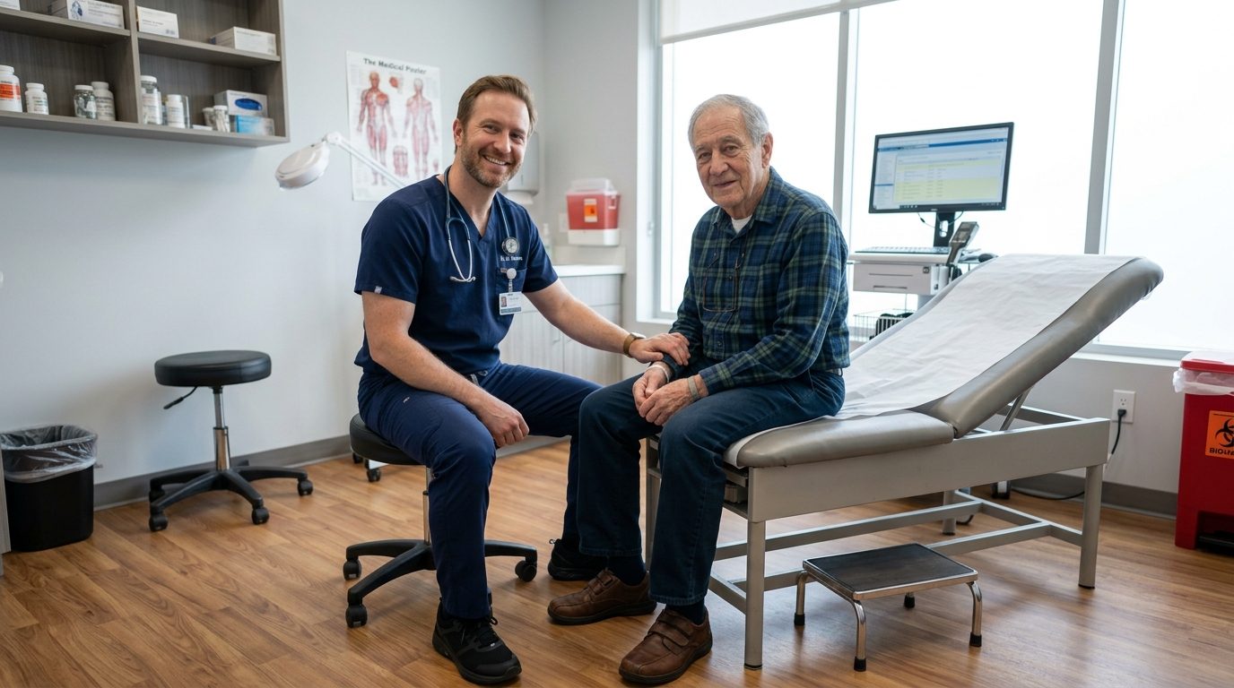A doctor sitting with an older patient